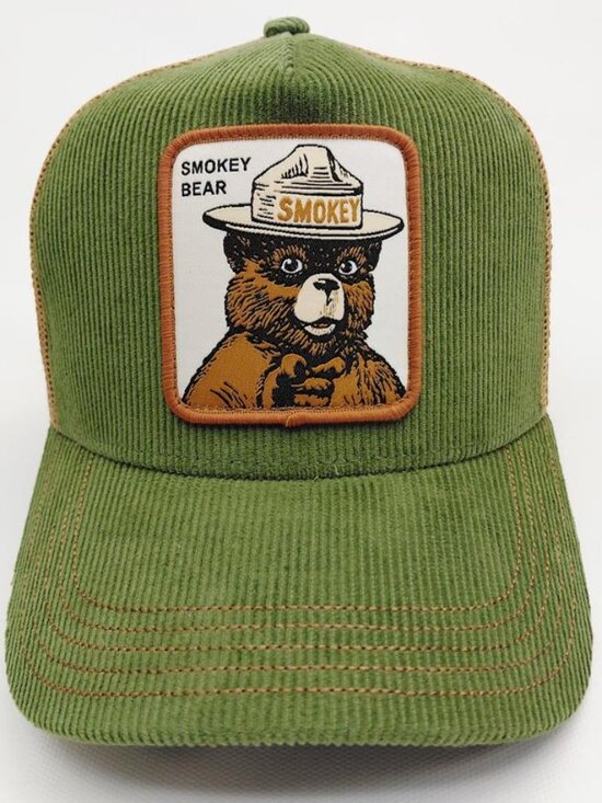 NWT Smokey Bear Corduroy Trucker Hat - Official Mad Engine Snapback - Green/Brow